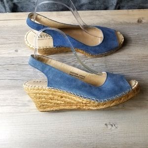 Fabiolas Blue Suede Leather Sling back Wedge Espadrille Sandal